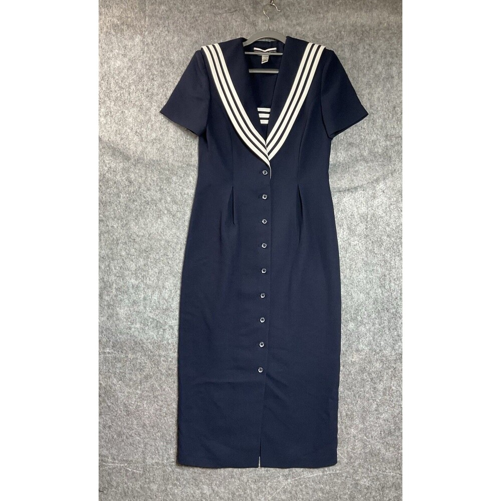 Vintage Dress Womens PS Blue Sailor Button Front Maxi Office Preppy Petite Small